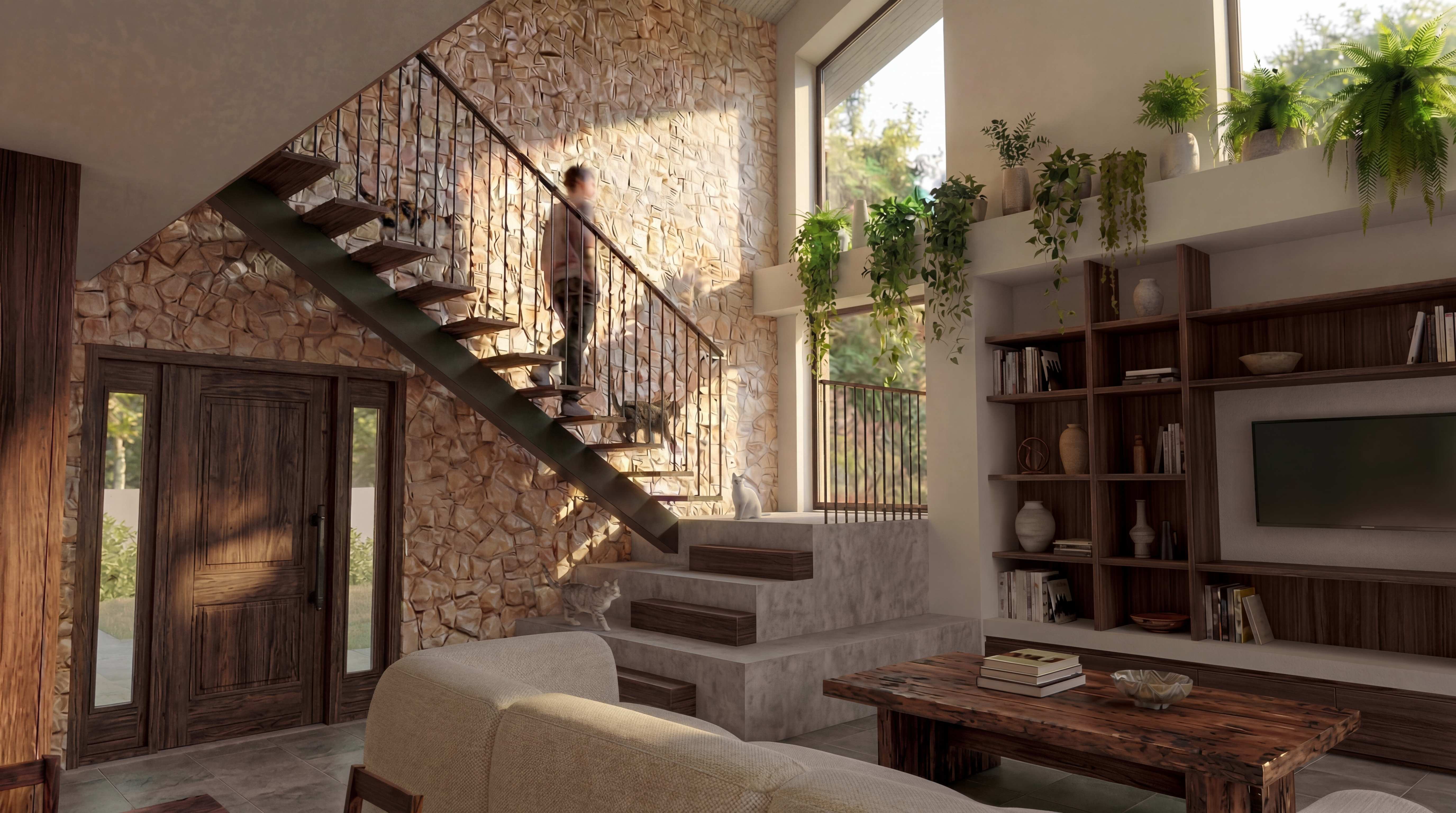 Maison BA living pierre bois
